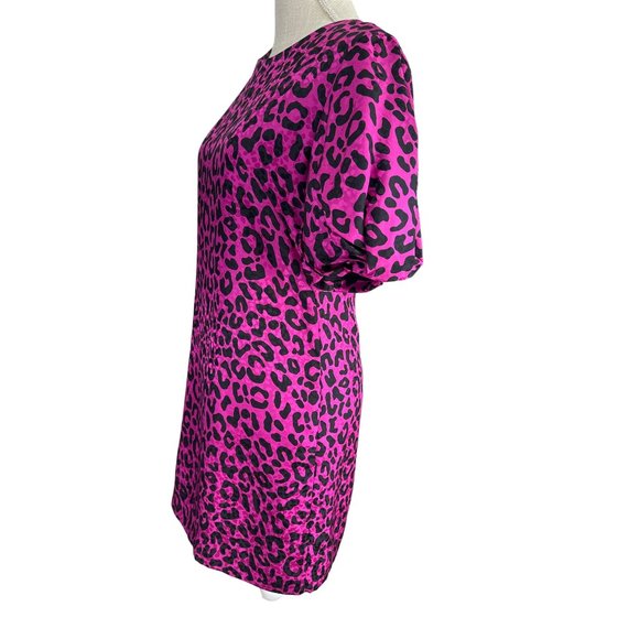 Milly Leopard Dress Womens 6 Pink Fuchsia Silk Animal Print Puff Sleeve Shift Mi - Picture 2 of 9